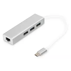 HU1 / 2oncentrator DIGITUS 3-portowy USB Typ C, USB A HighSpeed z Gigabit LAN aluminium