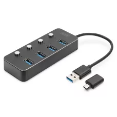 Hub USB 3.1 / 2oncentrator DIGITUS 4-portowy USB A + adapter USB-C 5Gbps z wyłącznikami aluminiowy pasywny