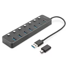 Hub USB 3.1 / 2oncentrator DIGITUS 7-portowy USB A + adapter USB-C 5Gbps z wyłącznikami aluminiowy aktywny
