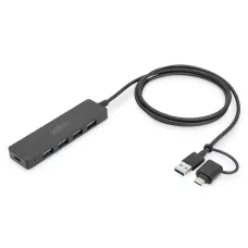 Hub USB 3.1 / 2oncentrator DIGITUS 4-portowy SlimLine USB A + adapter USB-C 1,2m 5Gbps złącze zasilania USB-C